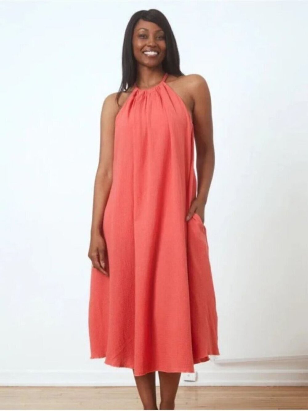 SheBird Sofia Gauze Halter Neck Midi Dress Cotton Boho Coastal Coral Pink - 4